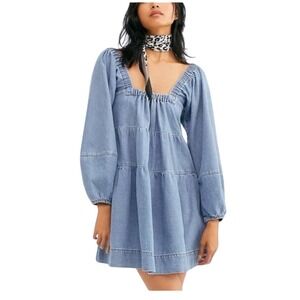 Free People Denim Tiered Square Neck Puff Sleeve Mini Dress Light Wash Size S